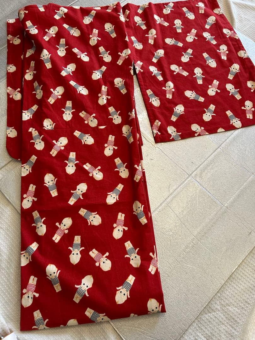 キューピー柄　小紋着物　洗える着物　赤　レア　綿