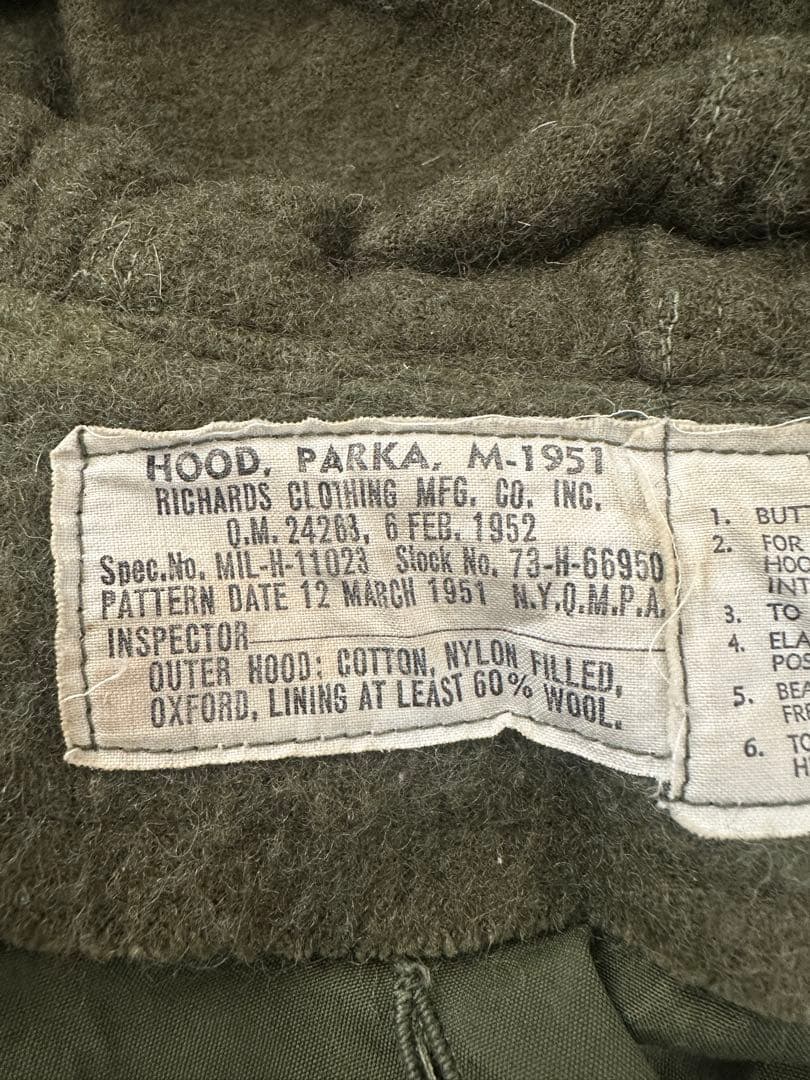 M-51 パーカー用フード　ワイヤー折れ2箇所