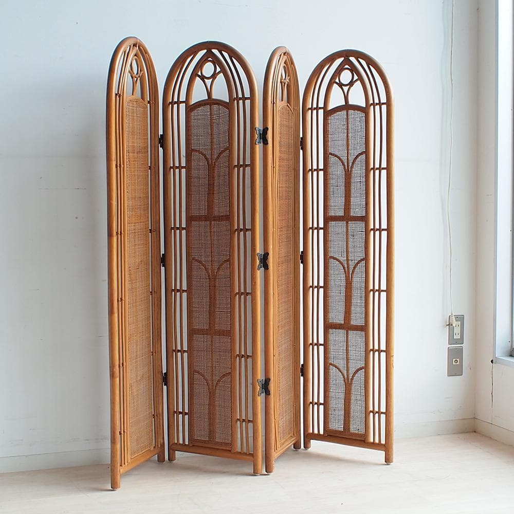 70's ビンテージ ラタンのパーティション 4枚組 レトロ ZR23772