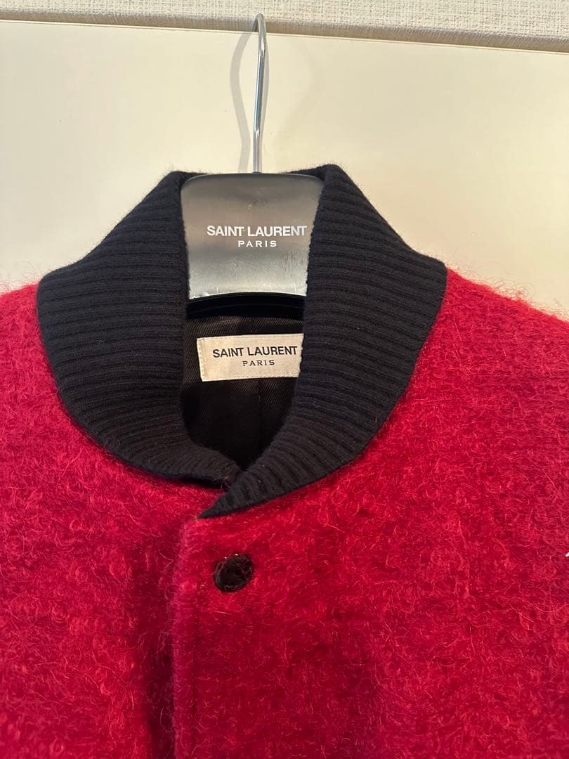 プ*。様 Saint Laurent レザー ウール モヘア バーシティジャケッ