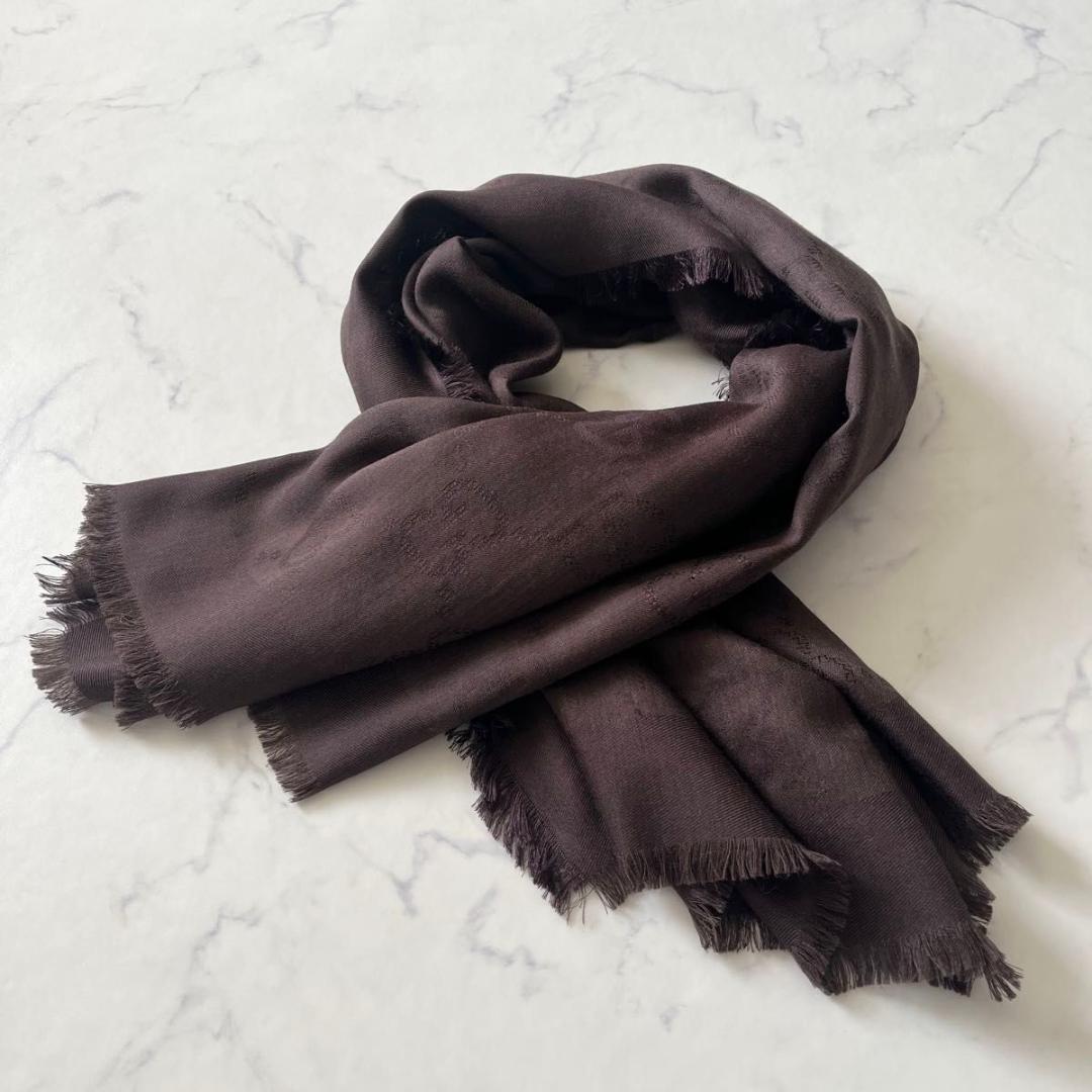 GUCCI グッチ GG柄 大判ストール シルク100% ブラウン 茶