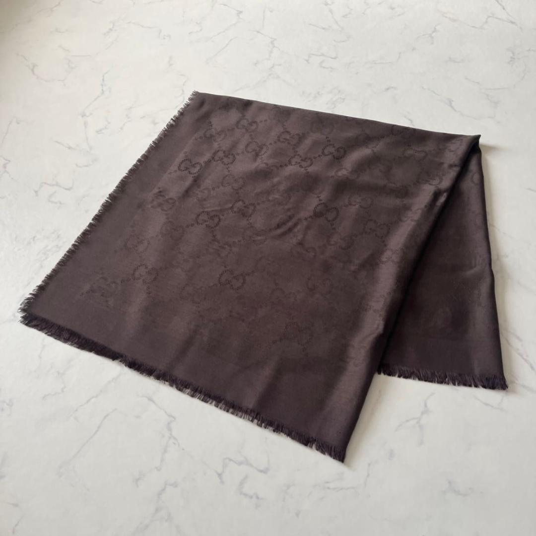 GUCCI グッチ GG柄 大判ストール シルク100% ブラウン 茶