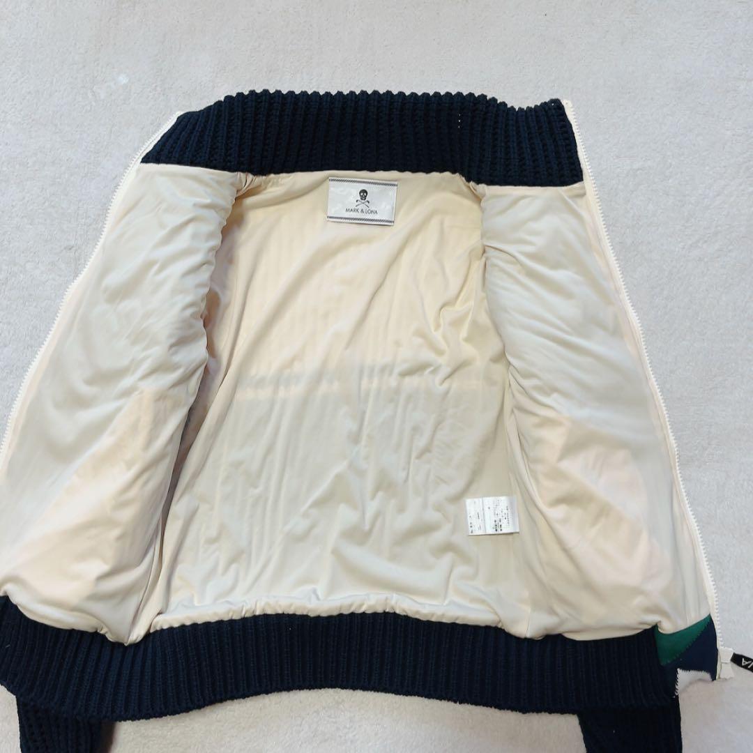 極美品　マークアンドロナ　ニットジャケット　裏地付　柄　ブルゾン　ネイビー