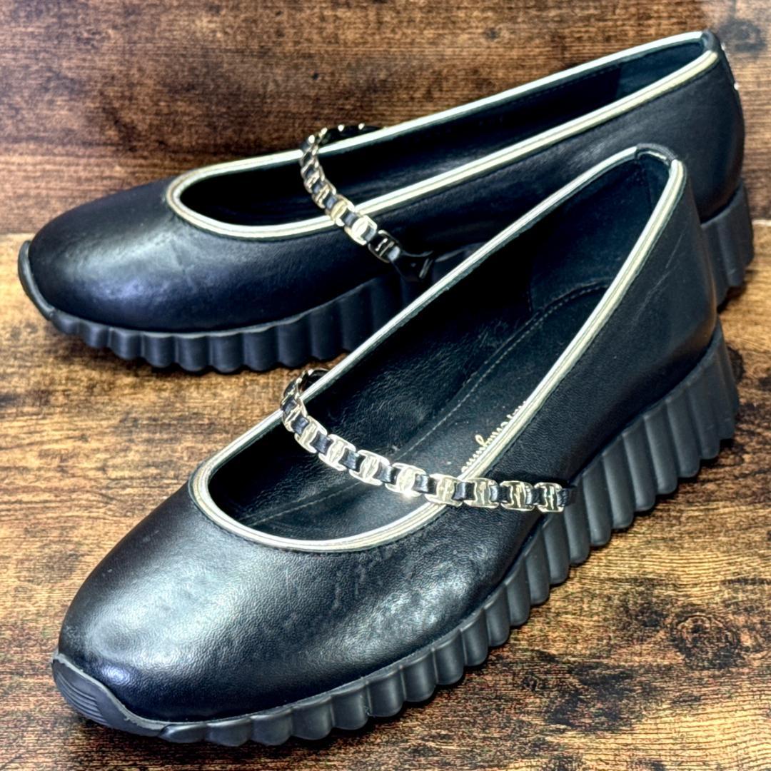 ☆即発 フェラガモ SANDY 厚底 バレエ 黒 6.5C 極美品 ナッパレザー