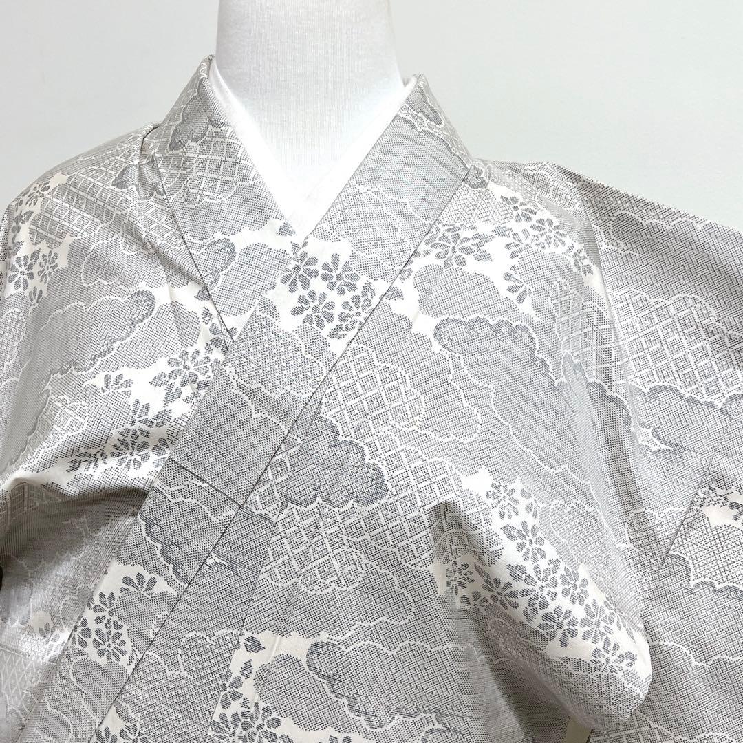 小紋　白大島紬　雲　菊花　籠目　着物　027k