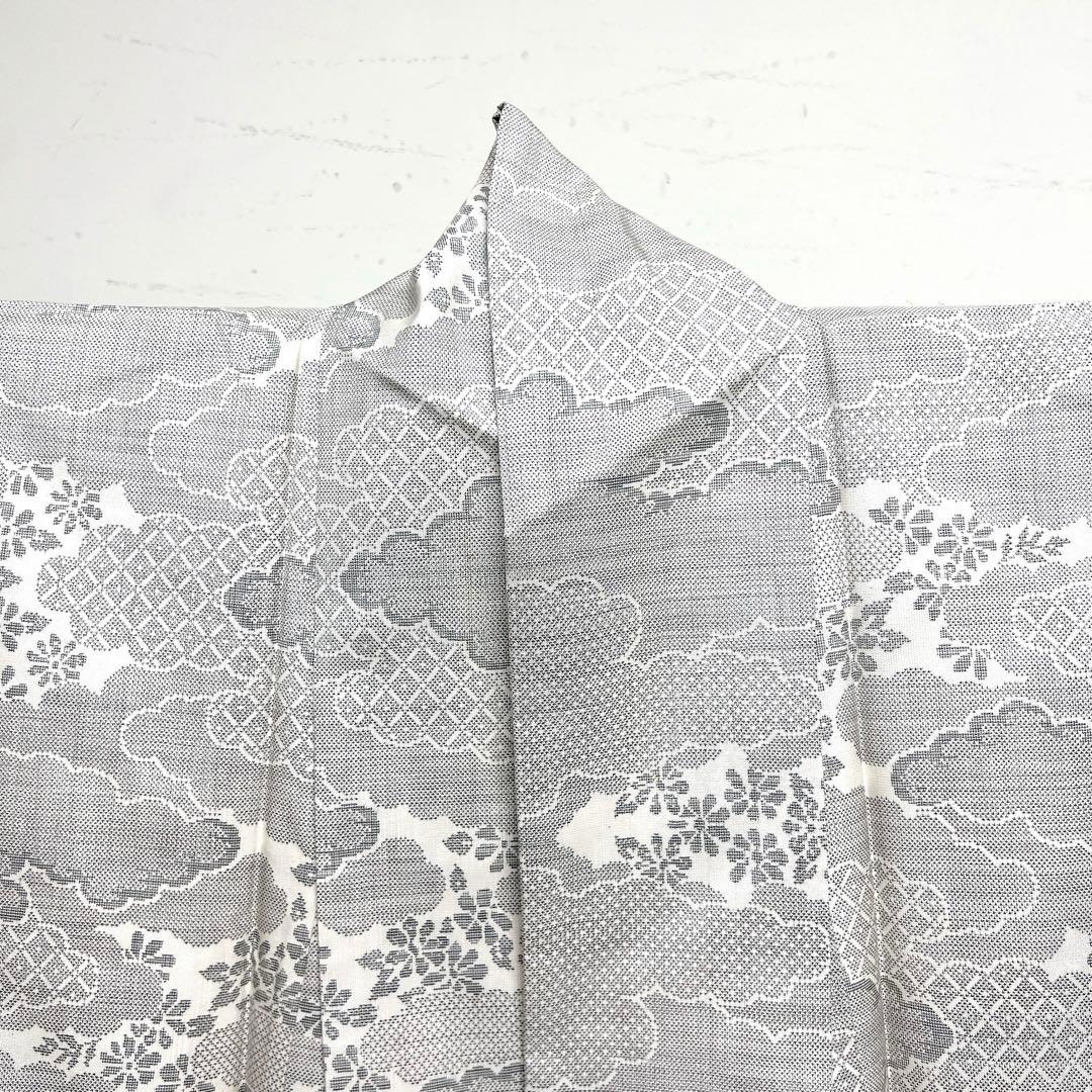 小紋　白大島紬　雲　菊花　籠目　着物　027k