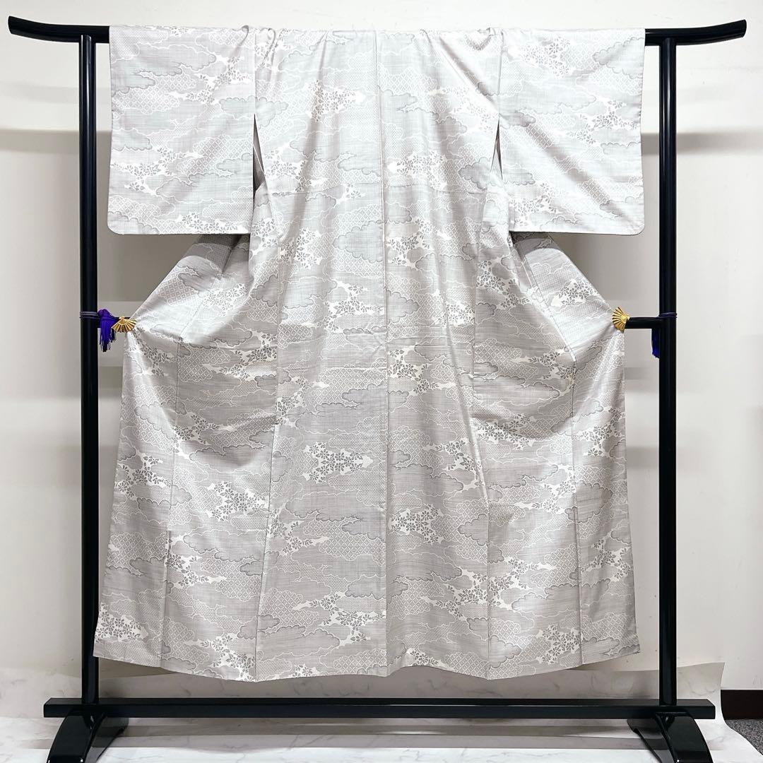 小紋　白大島紬　雲　菊花　籠目　着物　027k