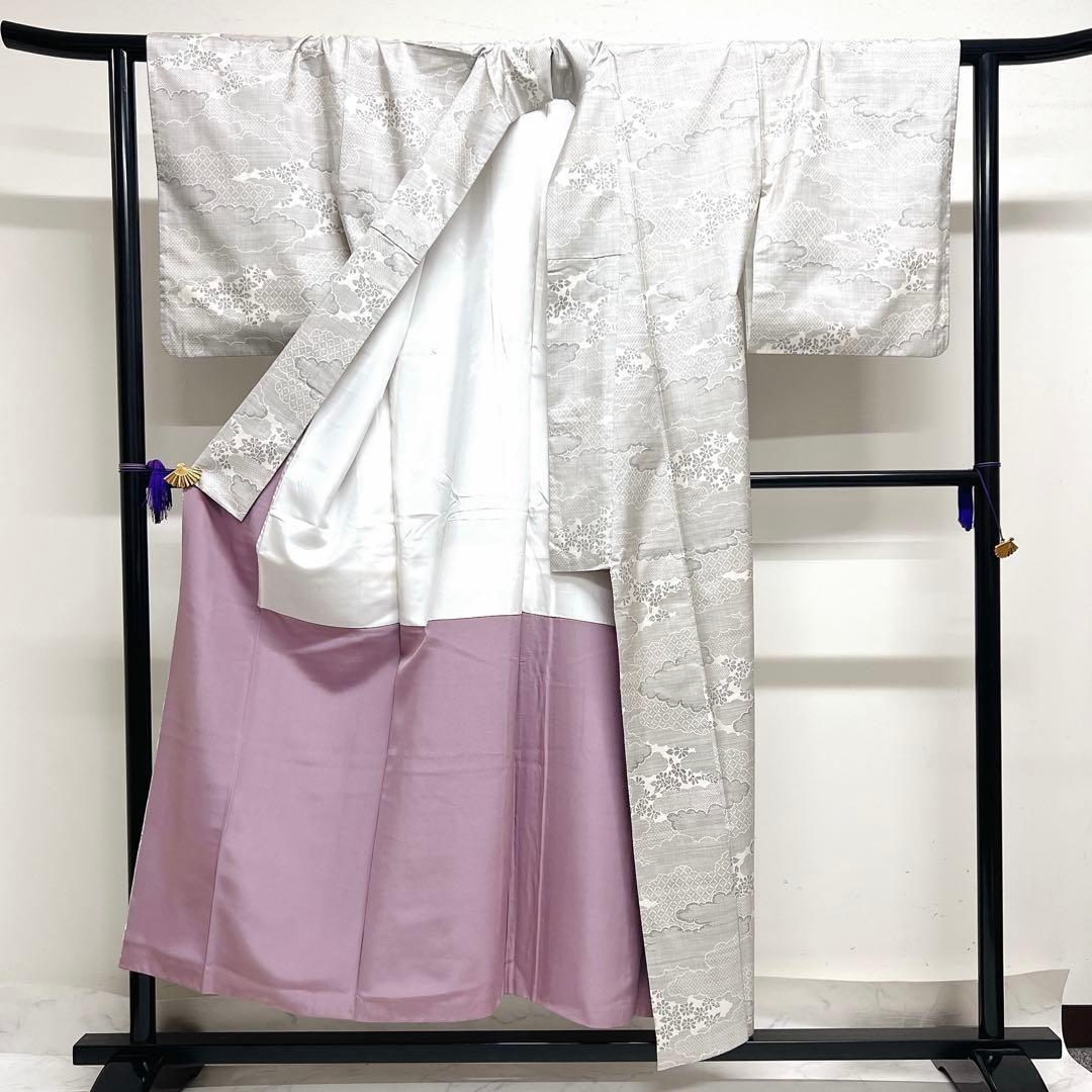 小紋　白大島紬　雲　菊花　籠目　着物　027k