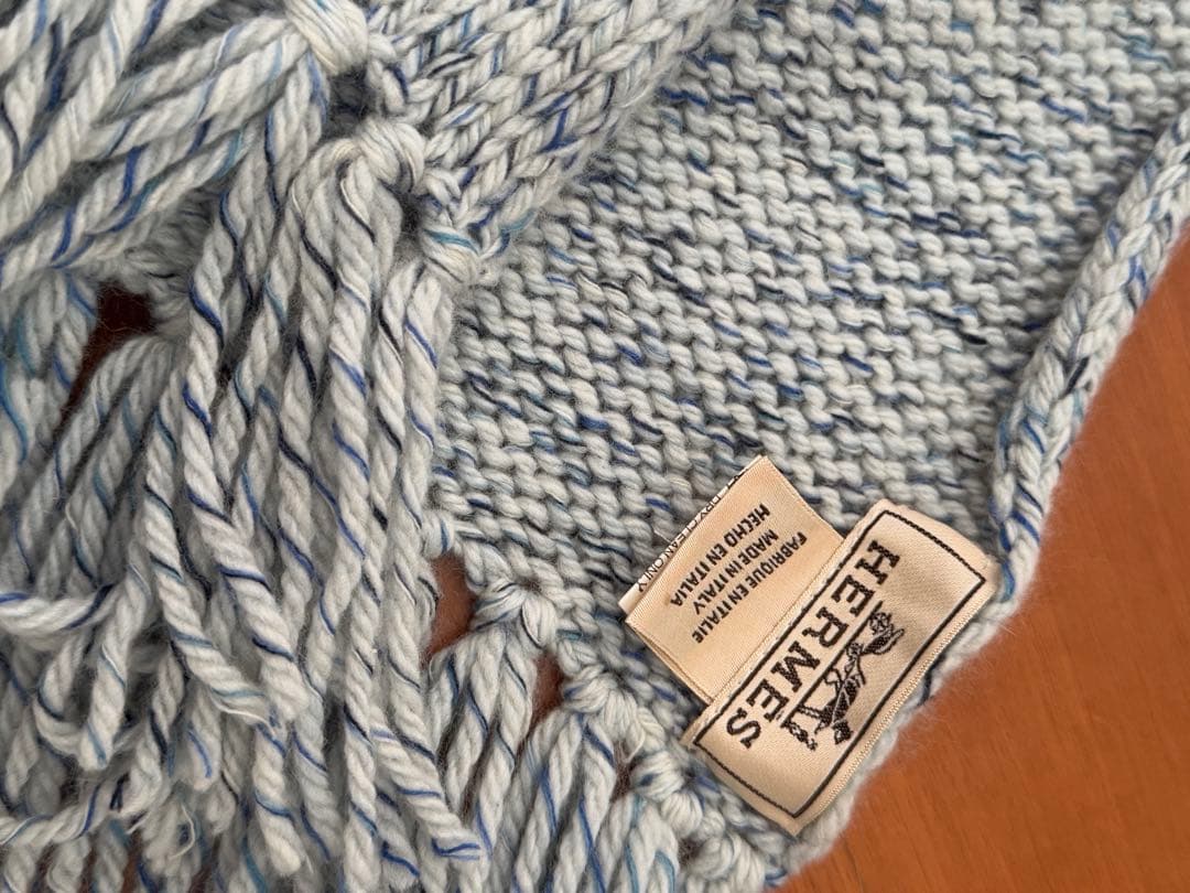 新品未使用/HERMES カシミヤ100% マフラー 水色系 フリンジ付き