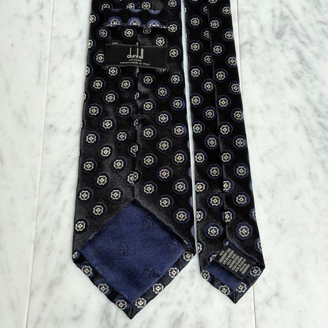 dunhill ネクタイ ブラック ネイビー ドット柄 光沢