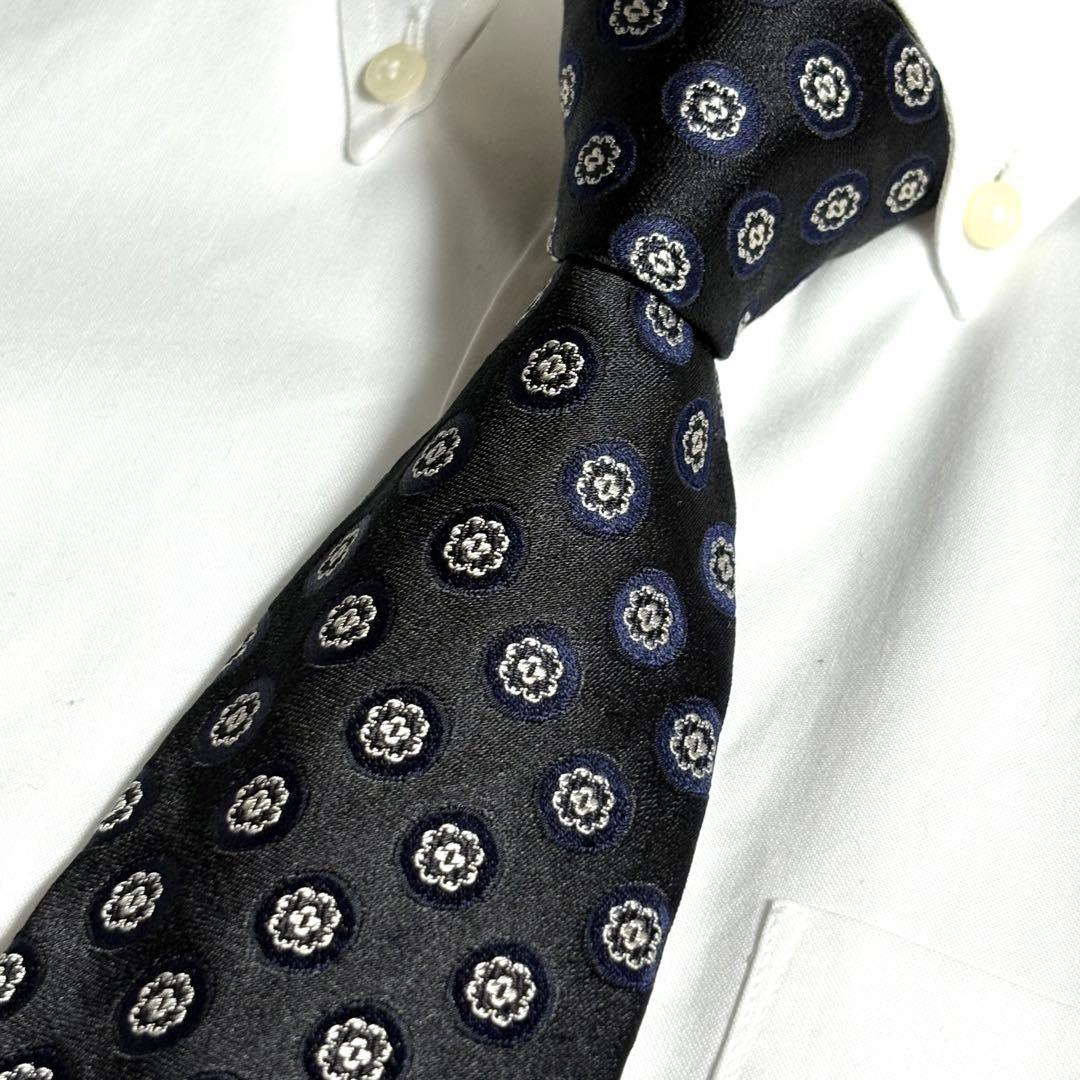 dunhill ネクタイ ブラック ネイビー ドット柄 光沢