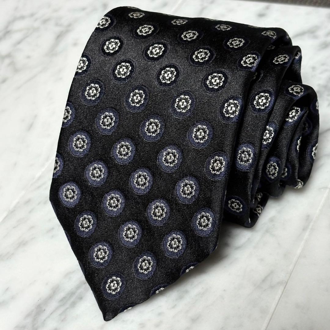 dunhill ネクタイ ブラック ネイビー ドット柄 光沢