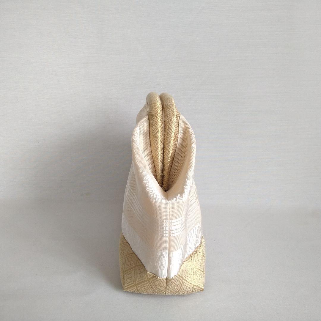 博多献上柄帯リメイク アイボリー✕ゴールド バネハンドルバッグ