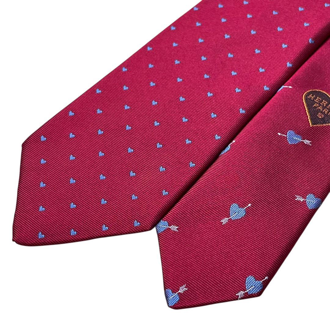 極美品　現行　エルメス　ネクタイ　ナロータイ　ハート柄　赤　レッド　刺繍