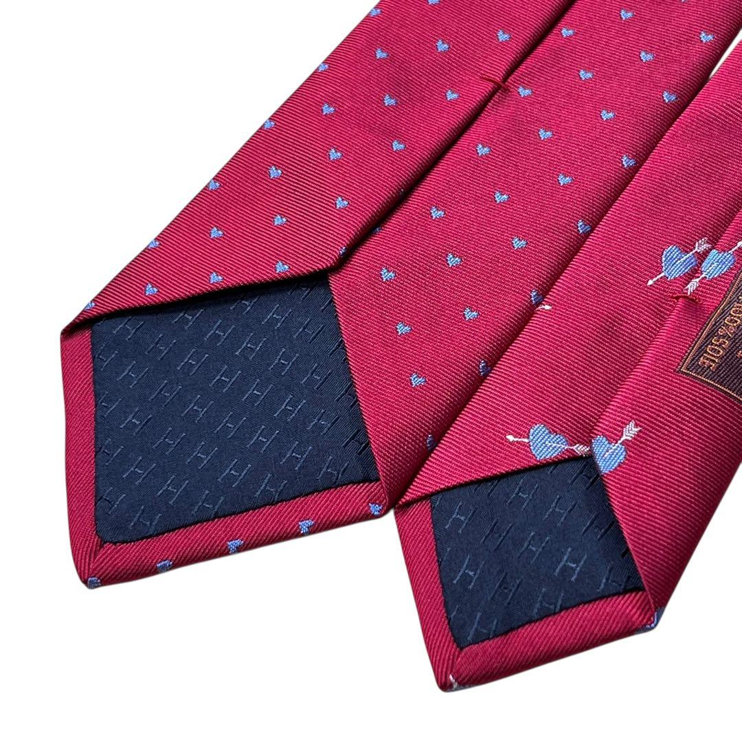 極美品　現行　エルメス　ネクタイ　ナロータイ　ハート柄　赤　レッド　刺繍