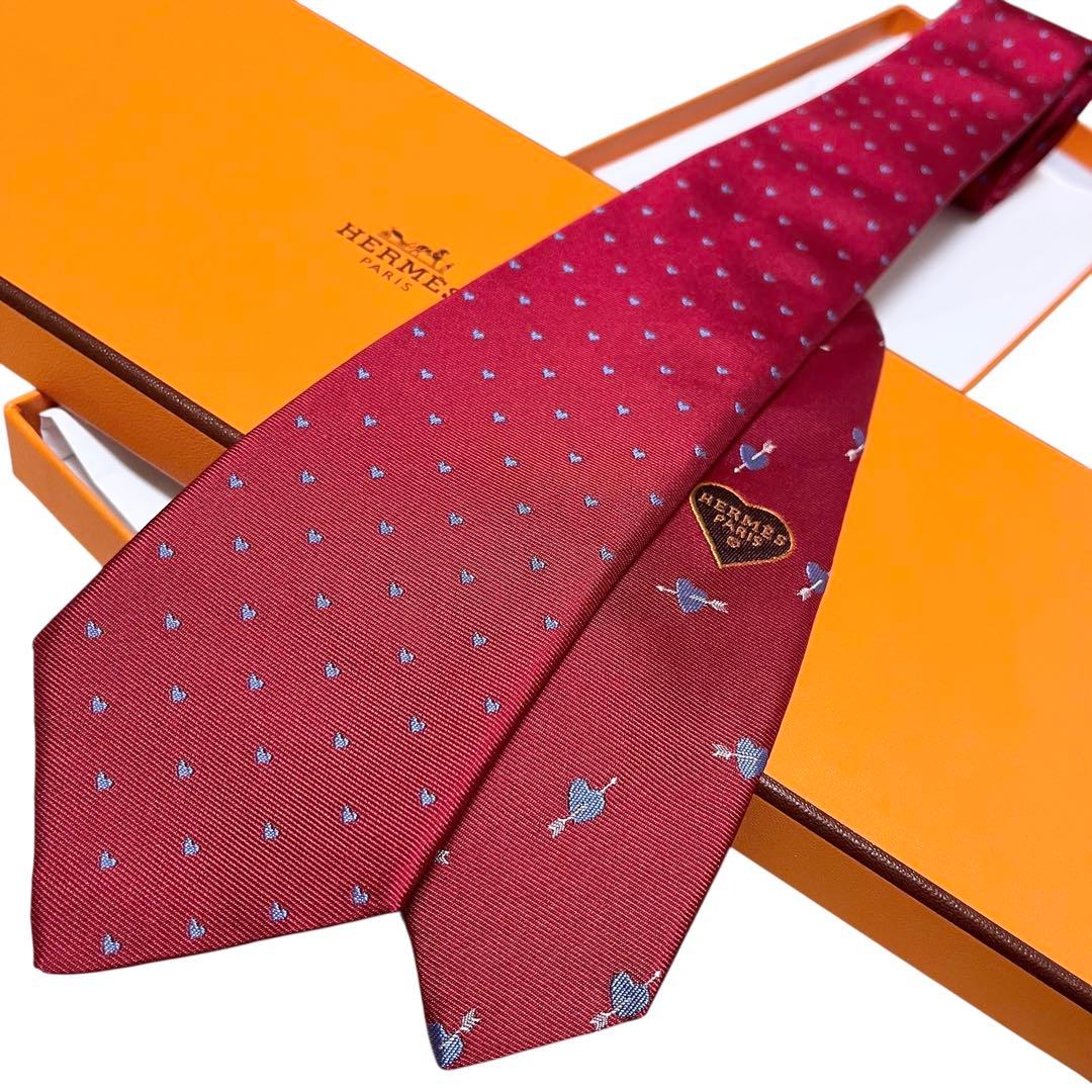 極美品　現行　エルメス　ネクタイ　ナロータイ　ハート柄　赤　レッド　刺繍