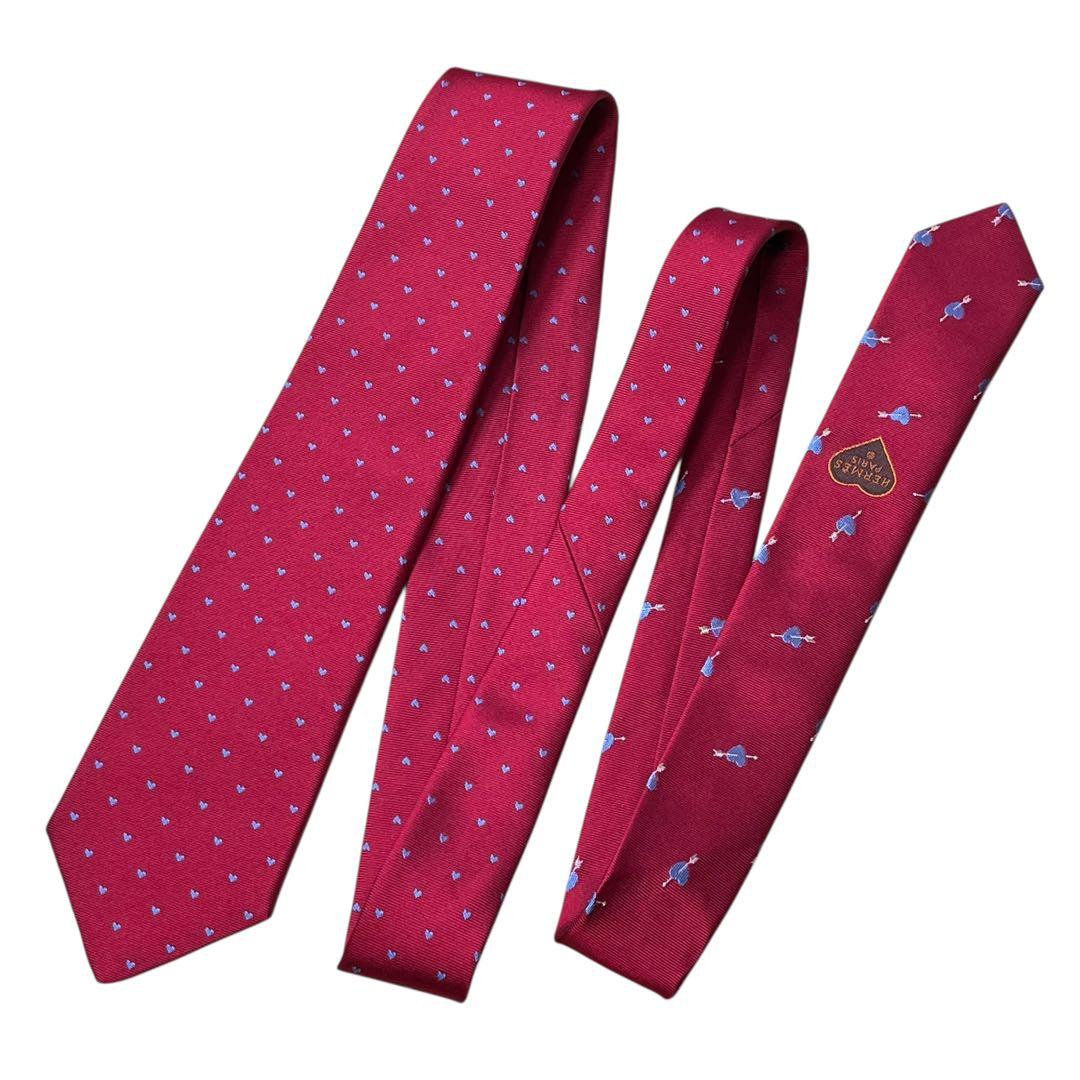 極美品　現行　エルメス　ネクタイ　ナロータイ　ハート柄　赤　レッド　刺繍