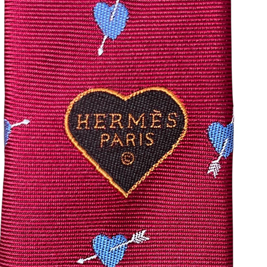 極美品　現行　エルメス　ネクタイ　ナロータイ　ハート柄　赤　レッド　刺繍