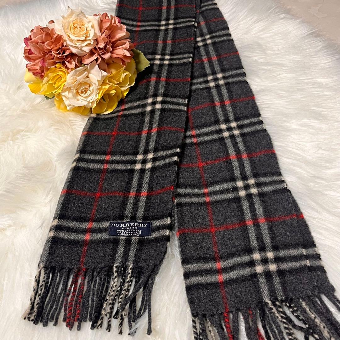 【美品】Burberry カシミヤ100% マフラー 英国製ノバチェックグレー