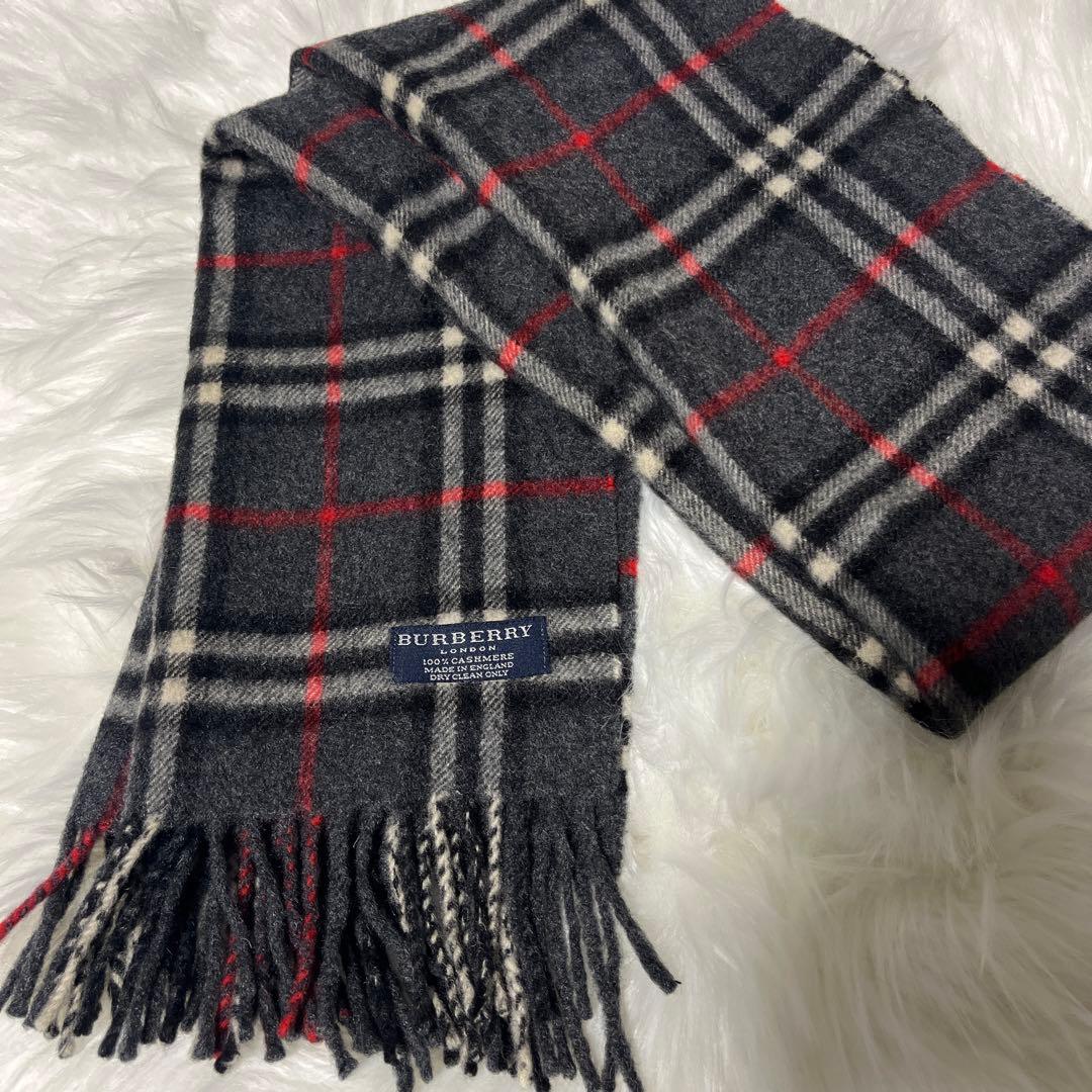 【美品】Burberry カシミヤ100% マフラー 英国製ノバチェックグレー