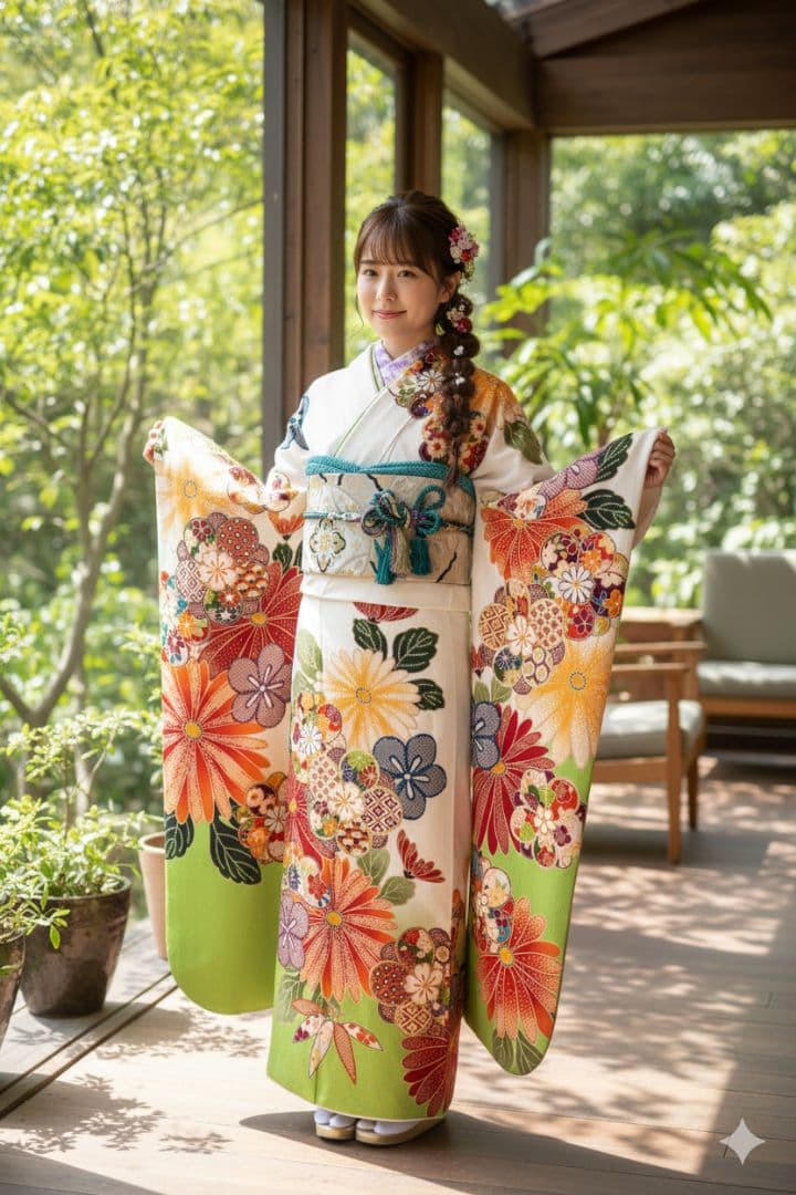 白地　上品な梅と菊の古典振袖フルセット