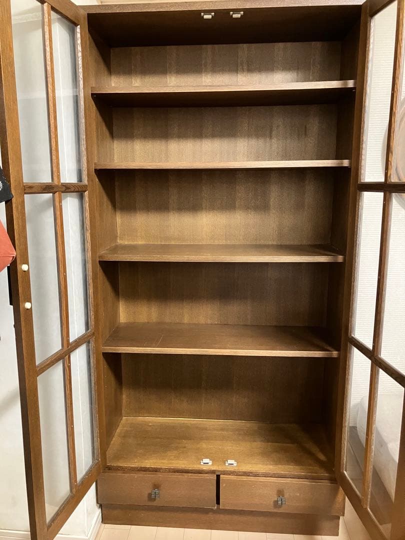 伊勢丹購入　書棚　ガラス戸　引き出し　シェルフ　木工　工芸　アンティークす
