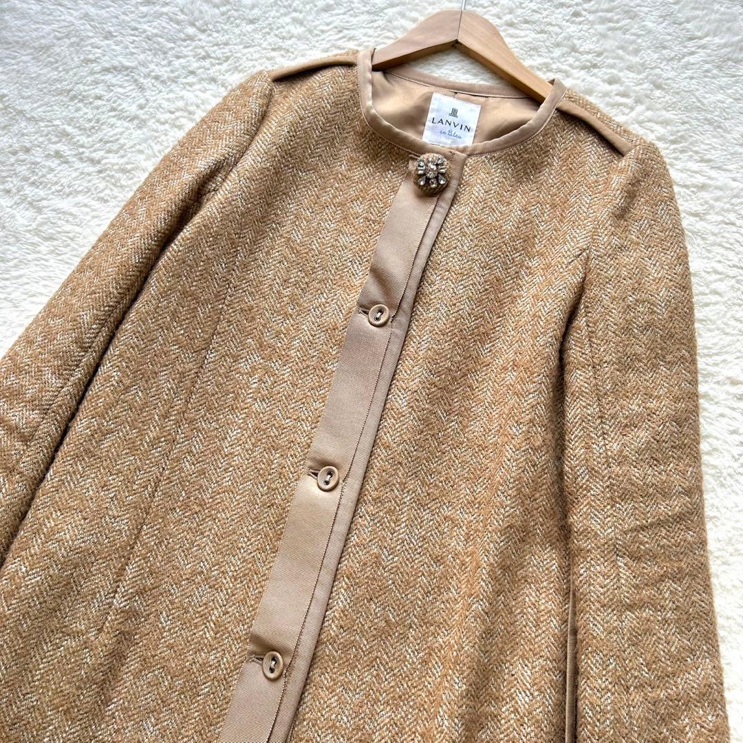 ランバンオンブルー　モヘア　アルパカ　ツイード　ノーカラーコート　ヘリンボーン