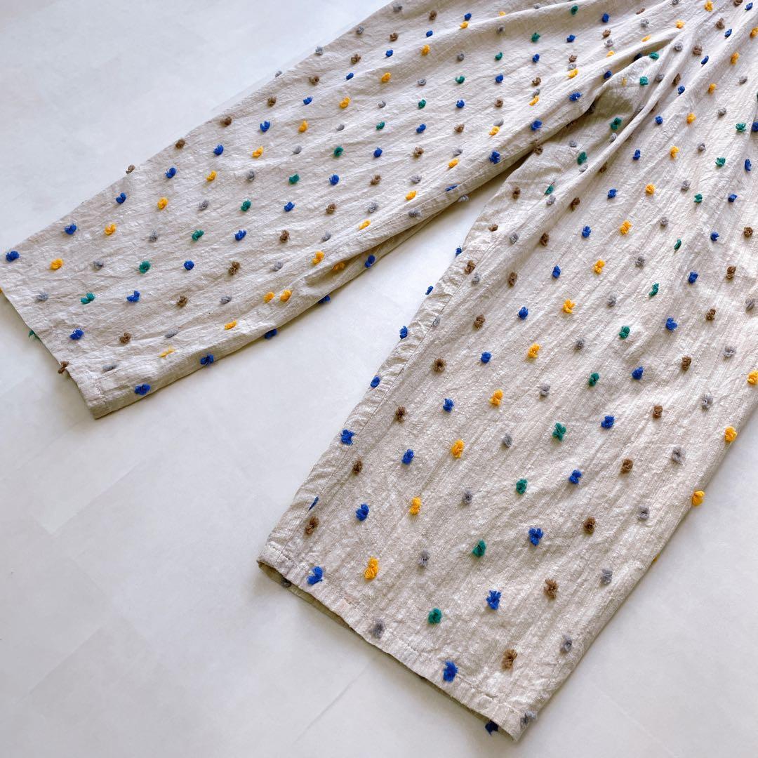 日本製✨エムアンドキョウコ 刺繍パンツ ドット 佐藤繊維 コットン ベージュ S