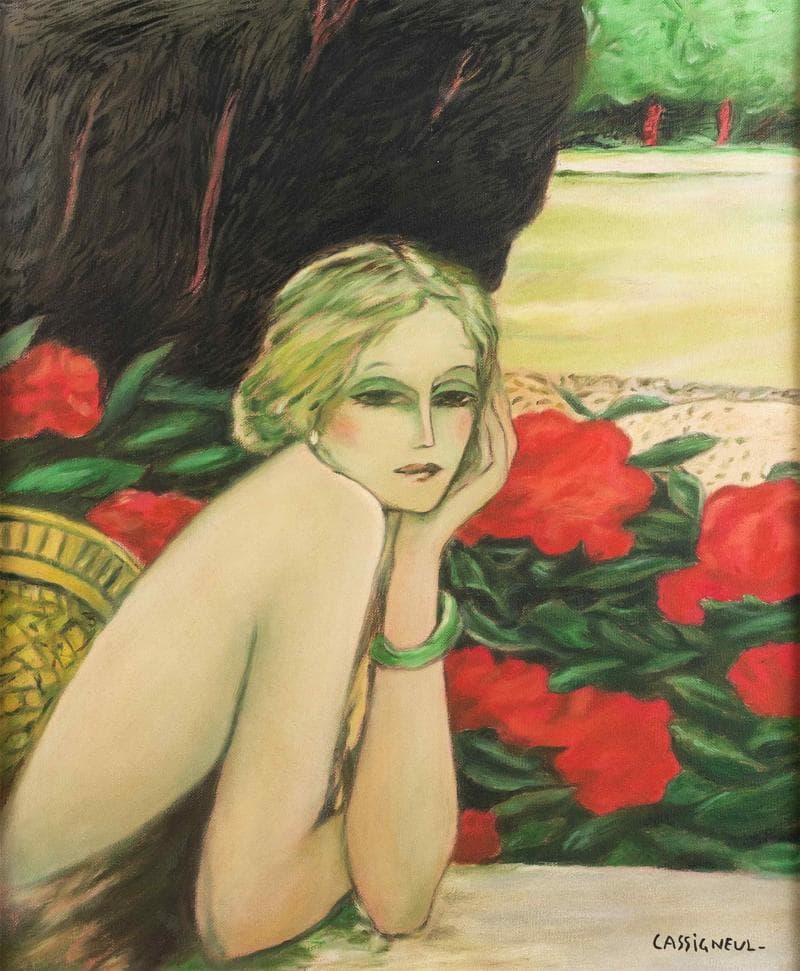 カシニョール　油彩　肉筆『婦人像』表と裏サイン　鑑定書　F8号　額装　b810