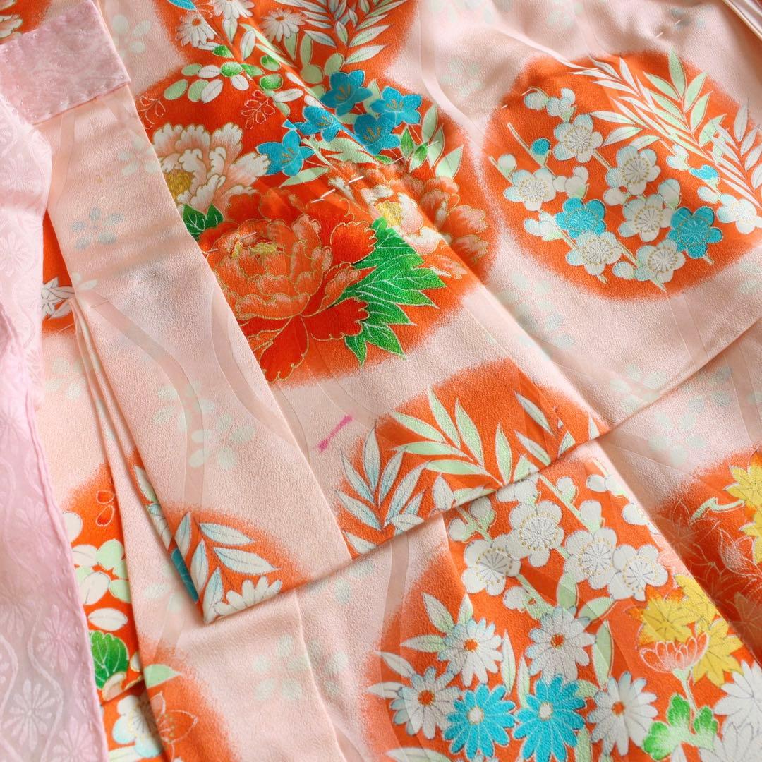 七五三 7歳 女の子 子供 正絹 ピンク 着物 つくり帯 セット