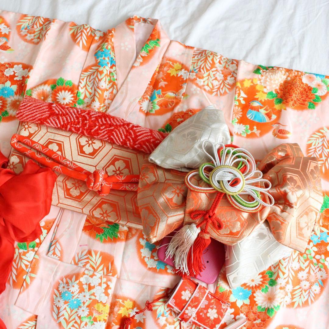 七五三 7歳 女の子 子供 正絹 ピンク 着物 つくり帯 セット