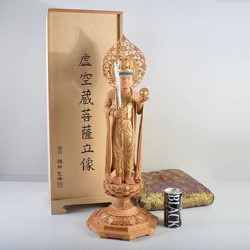 江戸　仏教美術　佛師聖峰造彩色木彫虚空蔵菩薩立像　共箱　M　8933A