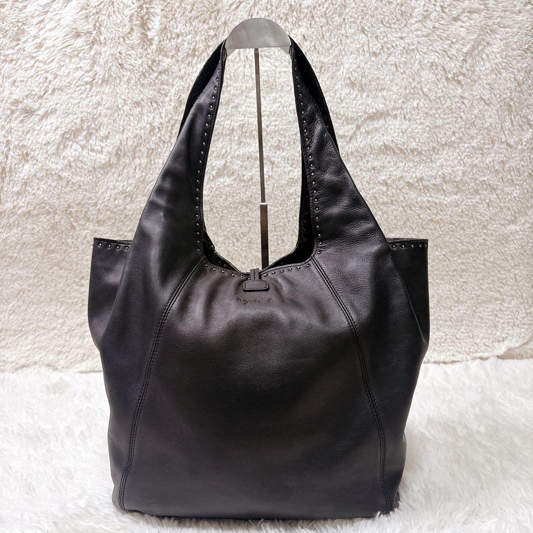 アニエスベー トートバッグ A4 ブラック ロゴ　本革　オールレザー スタッズ