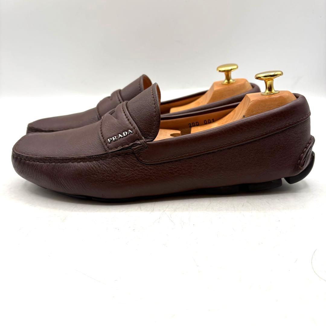 美品✨ PRADA 銀ロゴ ドライビング　ローファー 【7】 茶 シボ