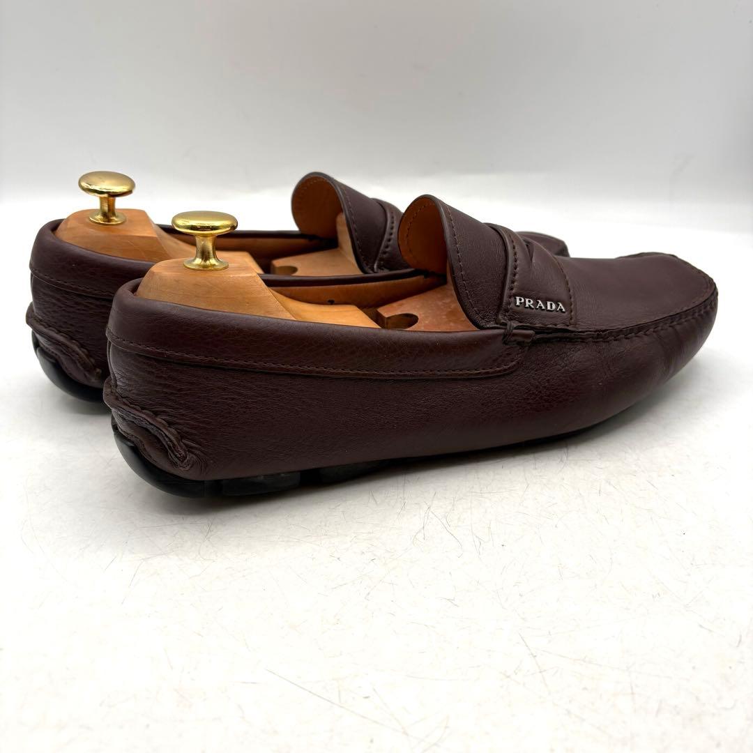 美品✨ PRADA 銀ロゴ ドライビング　ローファー 【7】 茶 シボ