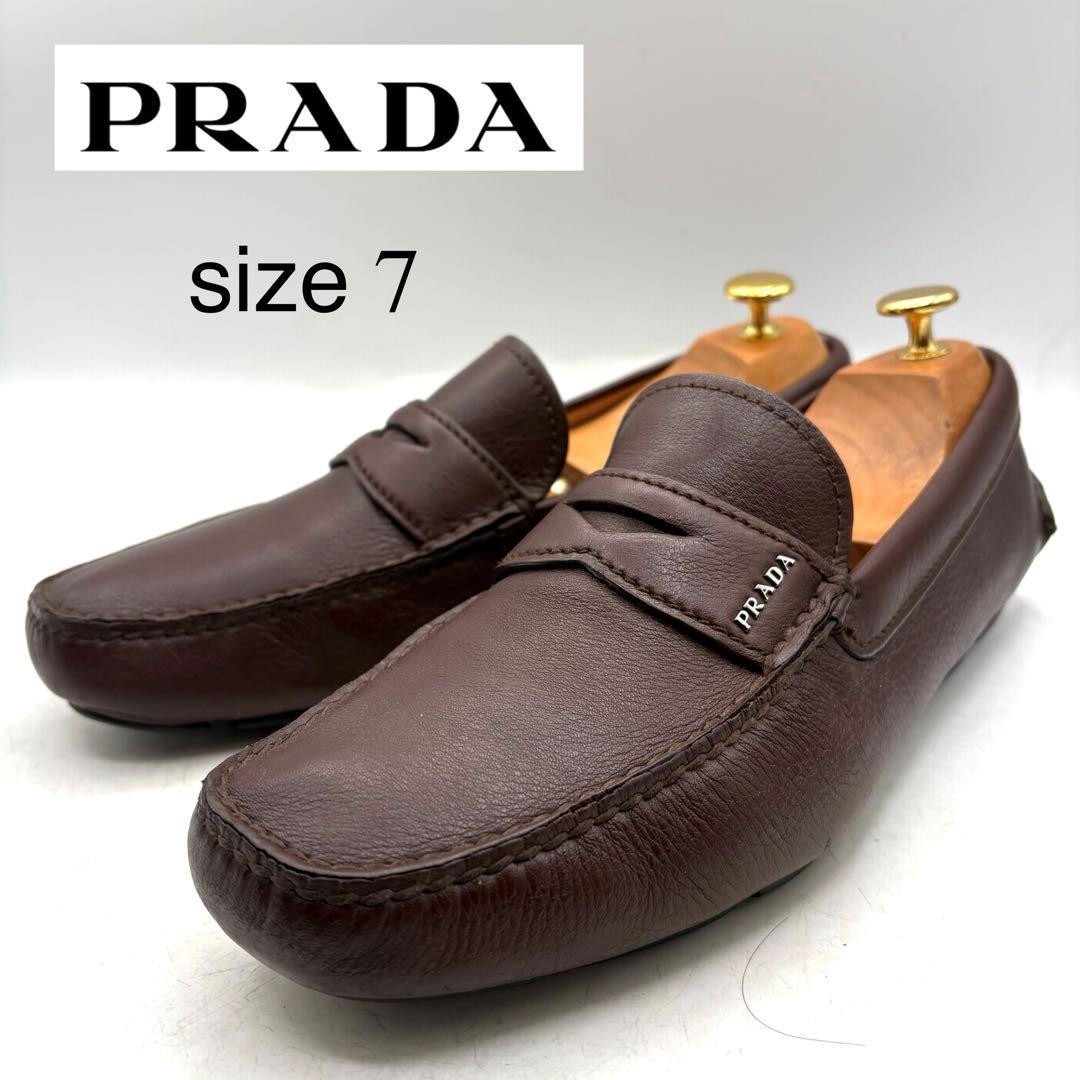 美品✨ PRADA 銀ロゴ ドライビング　ローファー 【7】 茶 シボ