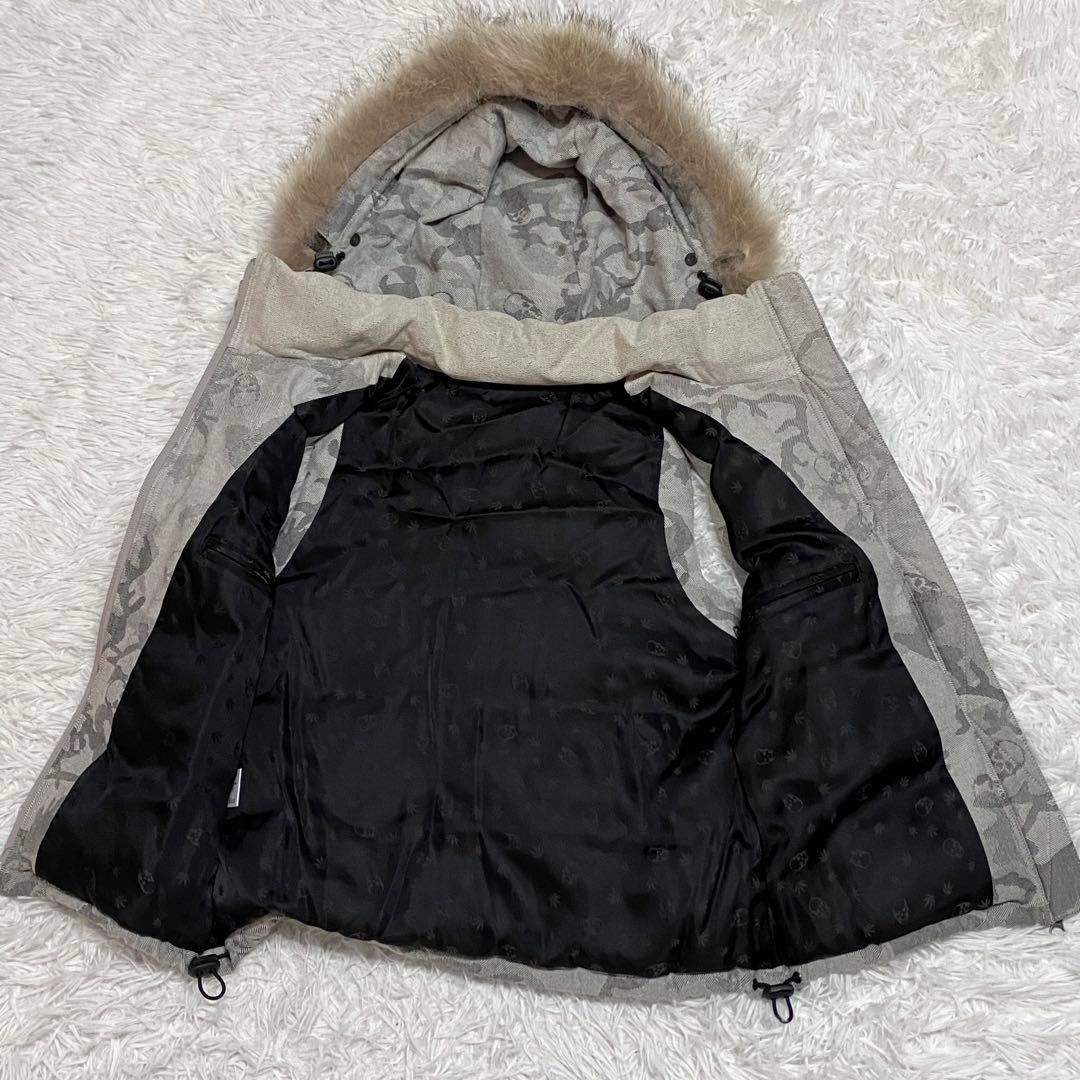 日本製・ルシアンペラフィネ・ダウンベスト・ファー・グレー・スカル柄・XSサイズ