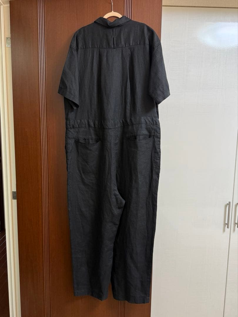 ◯　かぐれ　リネンハーフスリーブオールインワン　ブラック