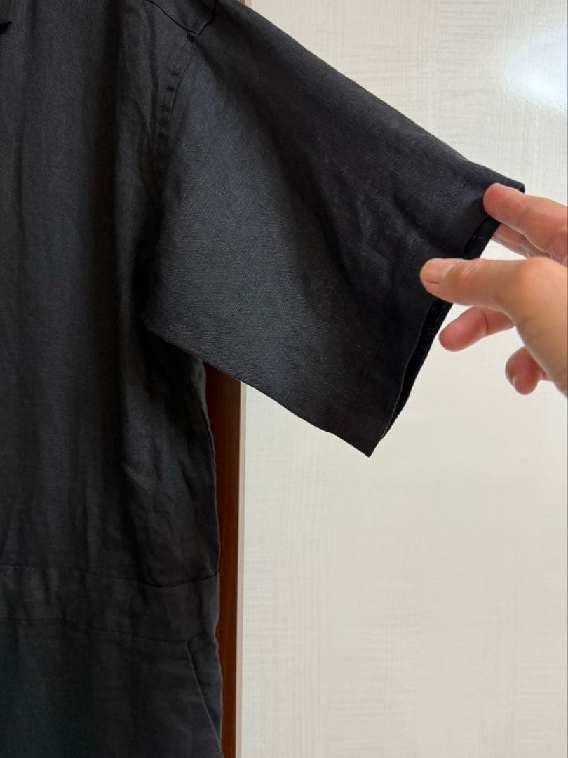 ◯　かぐれ　リネンハーフスリーブオールインワン　ブラック