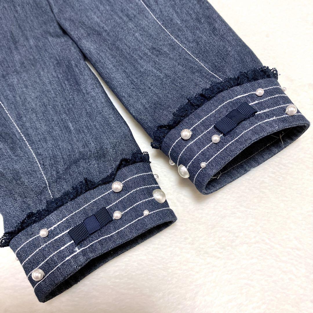 スーパービューティー　ストレッチ　デニム　ノーカラー　ジャケット　パール　リボン