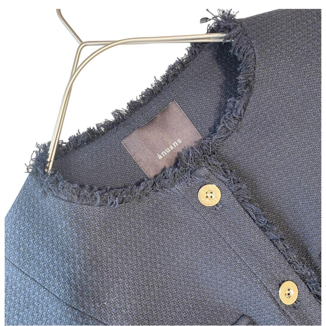 25SS✨タグ付✨anuans ツイードノーカラーフォルムジャケット 紺ブレ 金