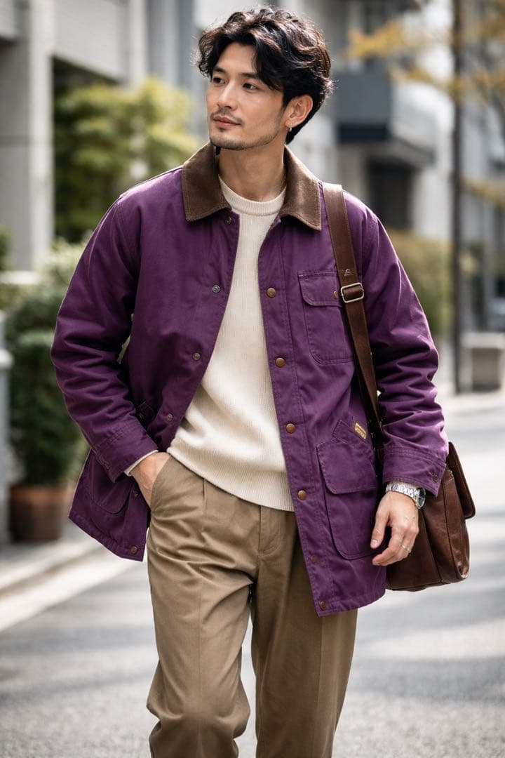 L.L.Bean ハンティングジャケット レザー襟 パープル 古着