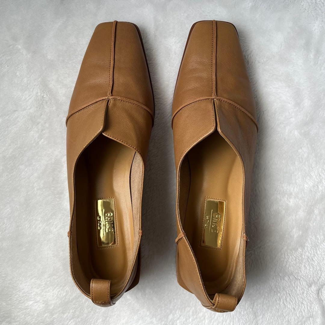 美品☆グリーズ 25cm パンプス レザースクエアクロスシームアンクルフラット