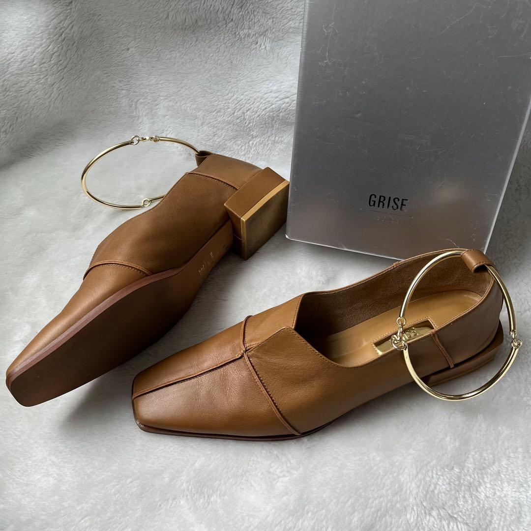 美品☆グリーズ 25cm パンプス レザースクエアクロスシームアンクルフラット