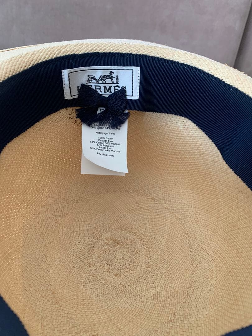 美品 HERMES ハット 帽子 ネイビー 57 ストローハット 麦わら帽子