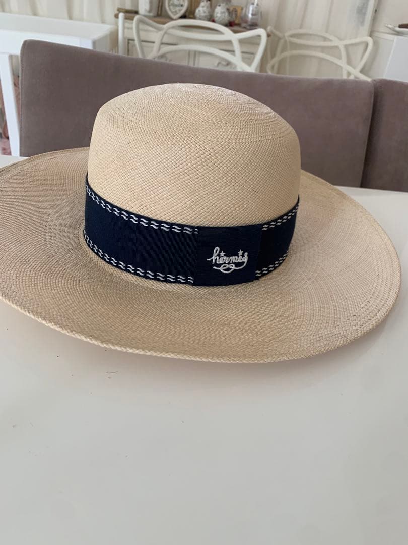 美品 HERMES ハット 帽子 ネイビー 57 ストローハット 麦わら帽子