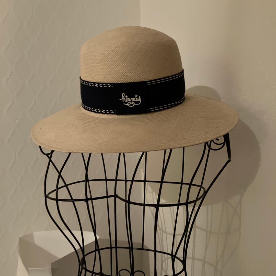 美品 HERMES ハット 帽子 ネイビー 57 ストローハット 麦わら帽子