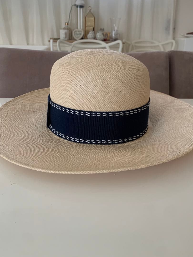 美品 HERMES ハット 帽子 ネイビー 57 ストローハット 麦わら帽子