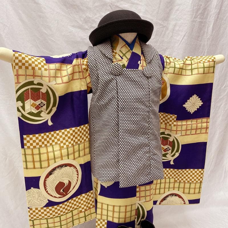 509ab16◎七五三 三歳 男の子 アンティーク着物&被布 レトロ 紺色◎