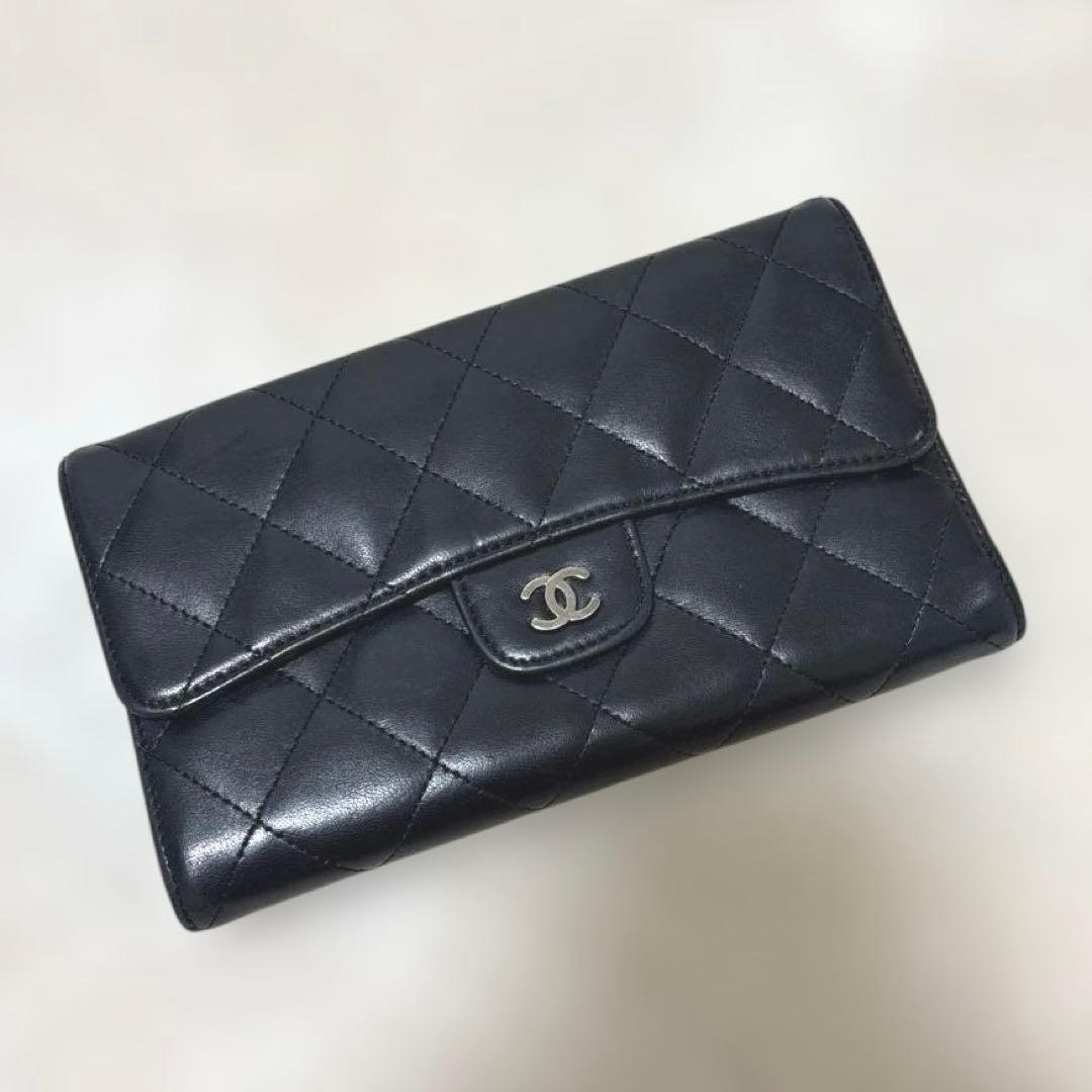CHANEL シャネル 三つ折り長財布 マトラッセ ラムスキン ブラック